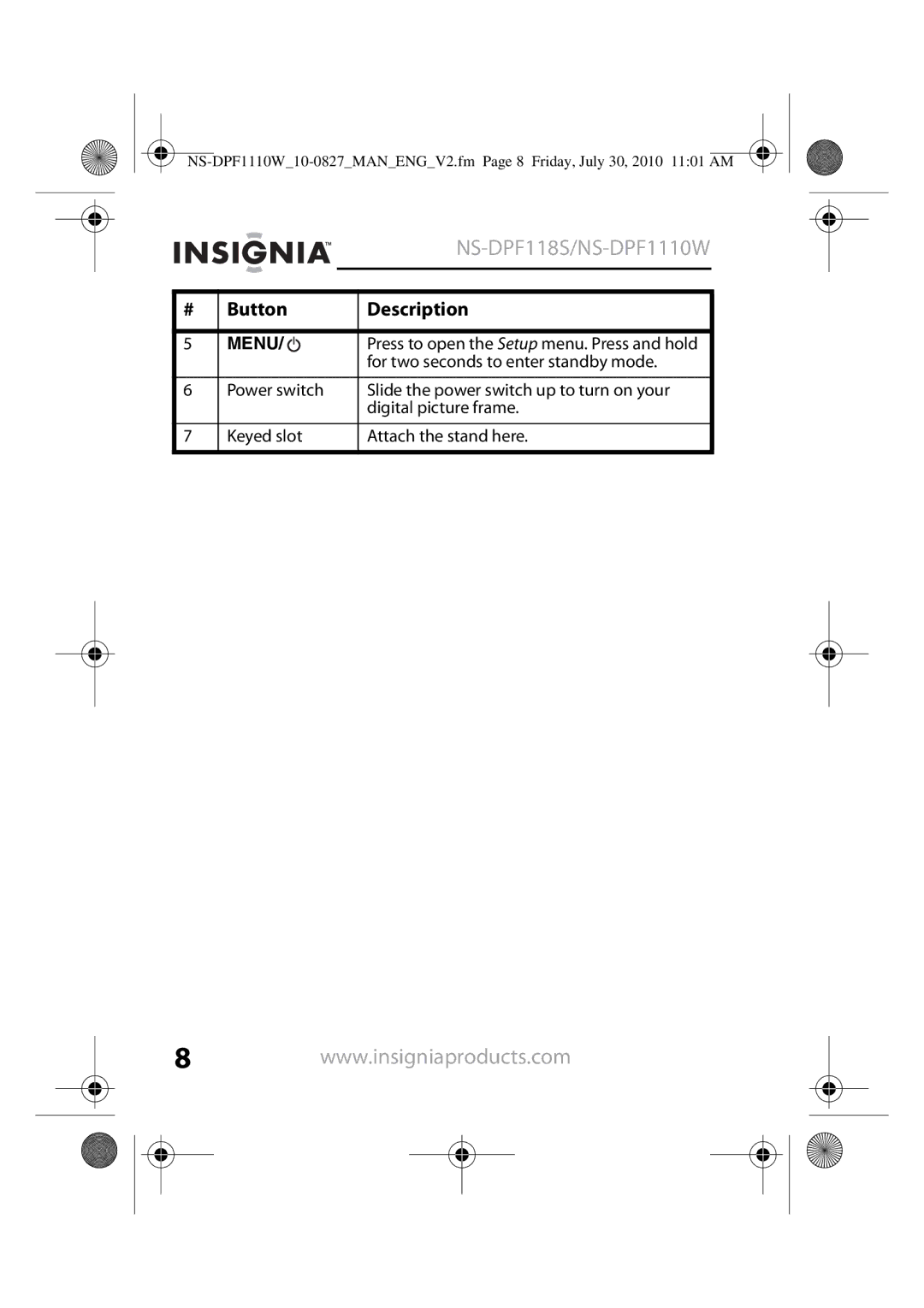 Insignia NS-DPF1110W, NS-DPF118S manual Menu 