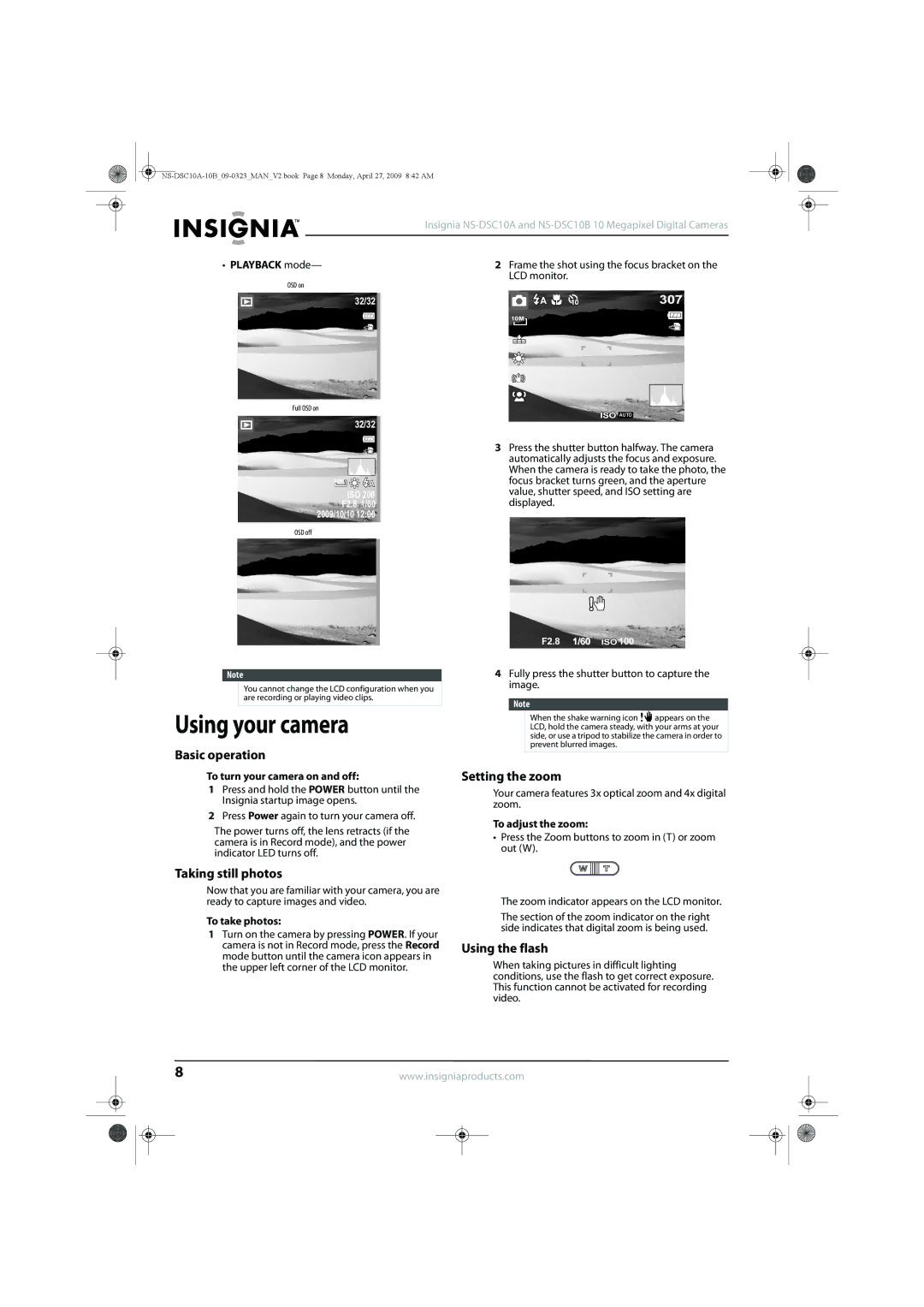 Insignia NS-DSC10A, NS-DSC10B Using your camera, Basic operation, Setting the zoom, Taking still photos, Using the flash 