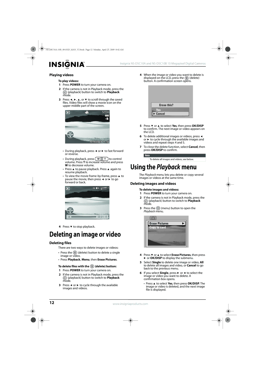 Insignia NS-DSC10A Deleting an image or video, Deleting images and videos, Deleting files, To delete images and videos 