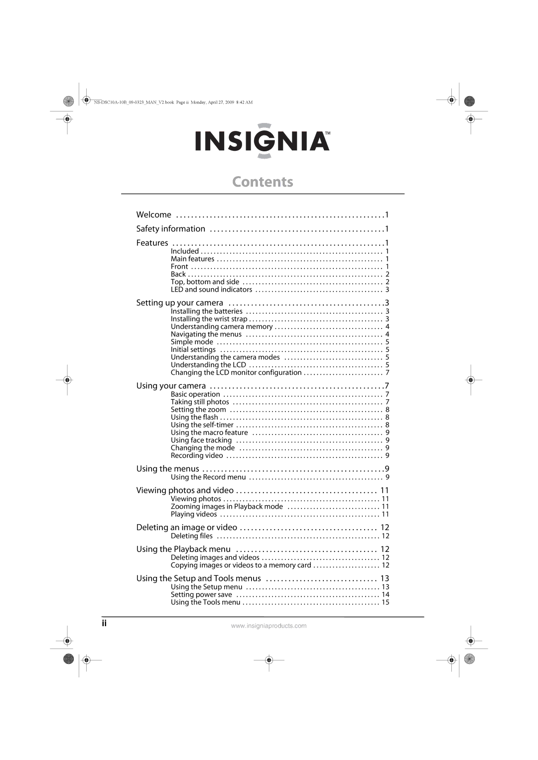 Insignia NS-DSC10A, NS-DSC10B manual Contents 