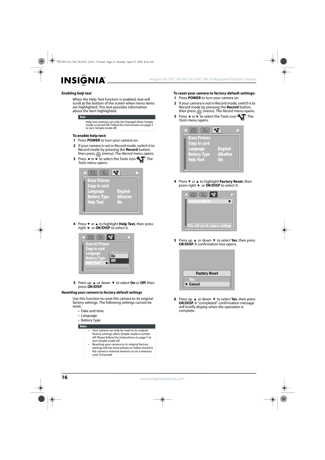 Insignia NS-DSC10A, NS-DSC10B Factory Reset This will set all camera settings, Enabling help text, To enable help text 