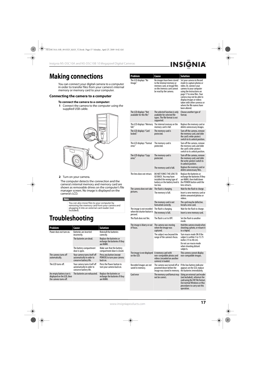 Insignia NS-DSC10B manual Making connections, Troubleshooting, Connecting the camera to a computer, Problem Cause Solution 