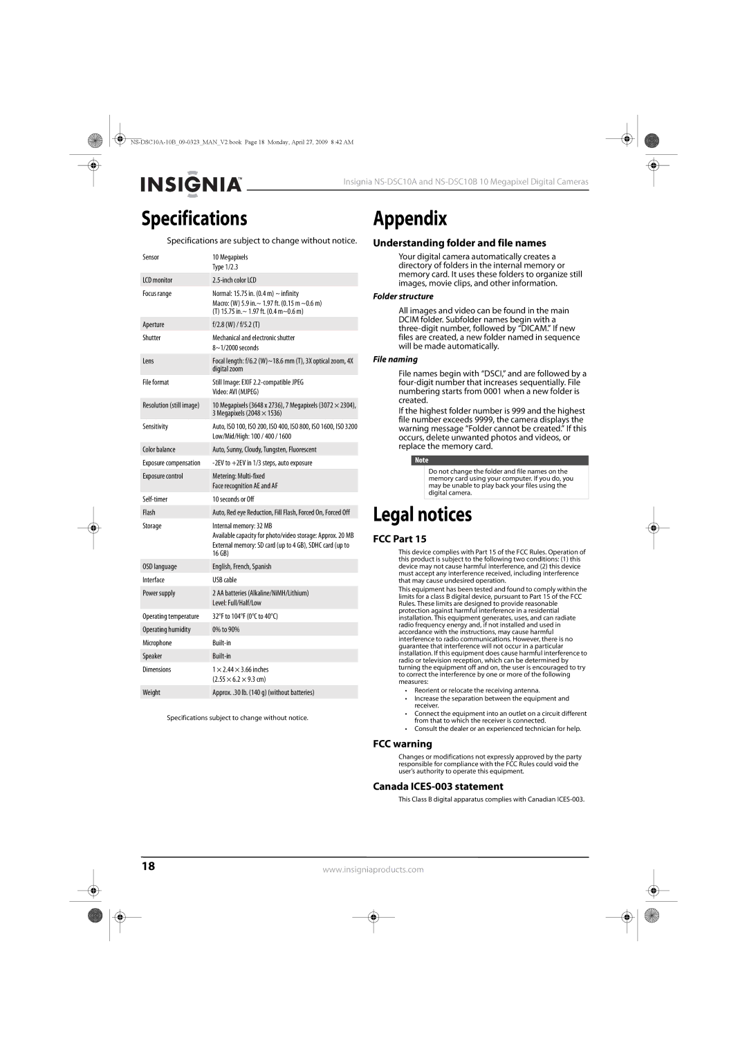 Insignia NS-DSC10A, NS-DSC10B manual Specifications, Appendix, Legal notices 