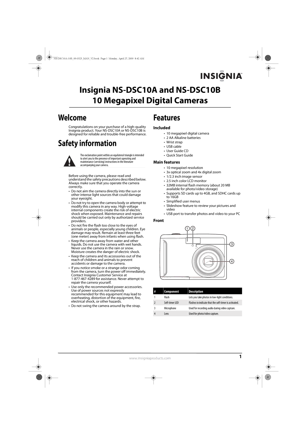 Insignia NS-DSC10B, NS-DSC10A manual Safety information, Features, Included, Main features, Front 