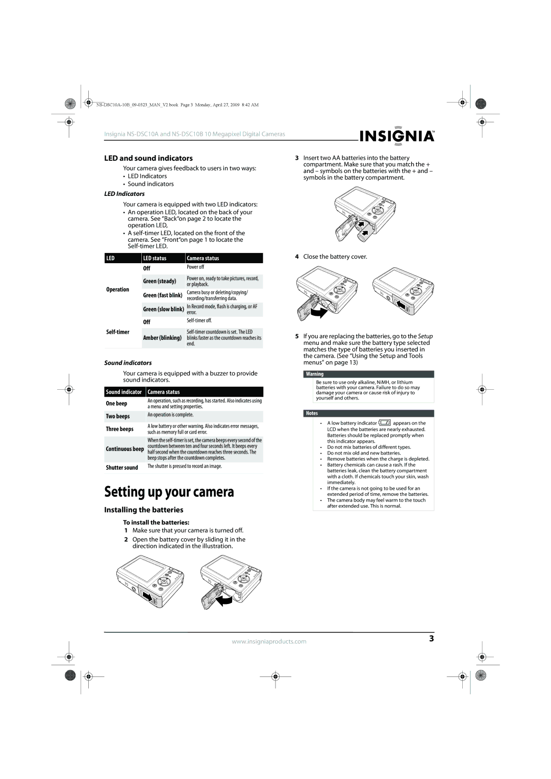 Insignia NS-DSC10B, NS-DSC10A Setting up your camera, LED and sound indicators, Installing the batteries, LED Indicators 