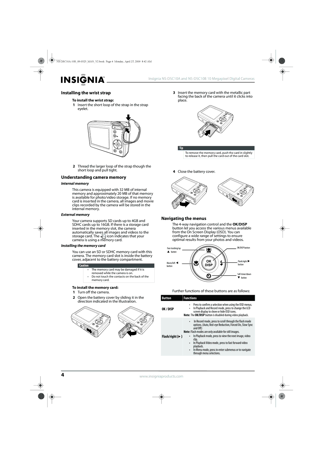 Insignia NS-DSC10A, NS-DSC10B manual Understanding camera memory, Navigating the menus, Internal memory, External memory 