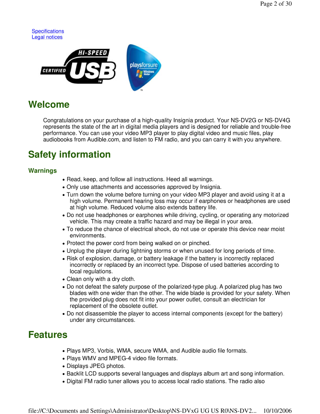 Insignia NS-DV2G manual Welcome, Safety information, Features 