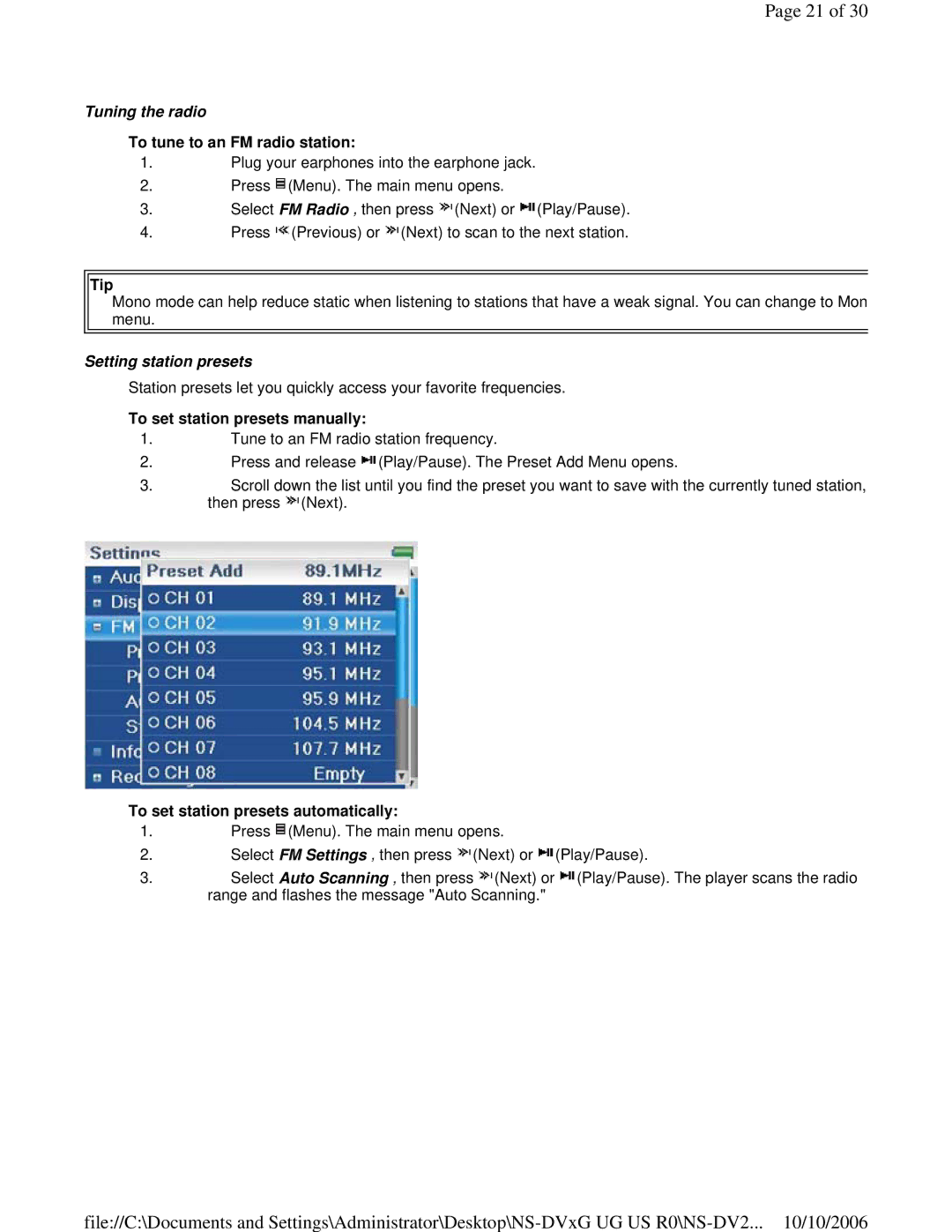 Insignia NS-DV2G manual Tuning the radio, To tune to an FM radio station, Setting station presets 