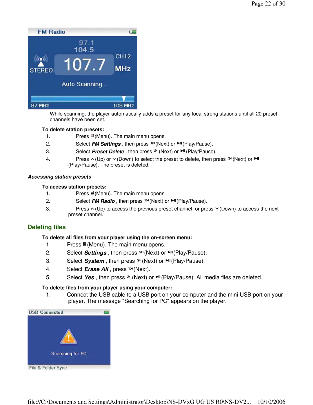 Insignia NS-DV2G manual Deleting files, To delete station presets, Accessing station presets, To access station presets 