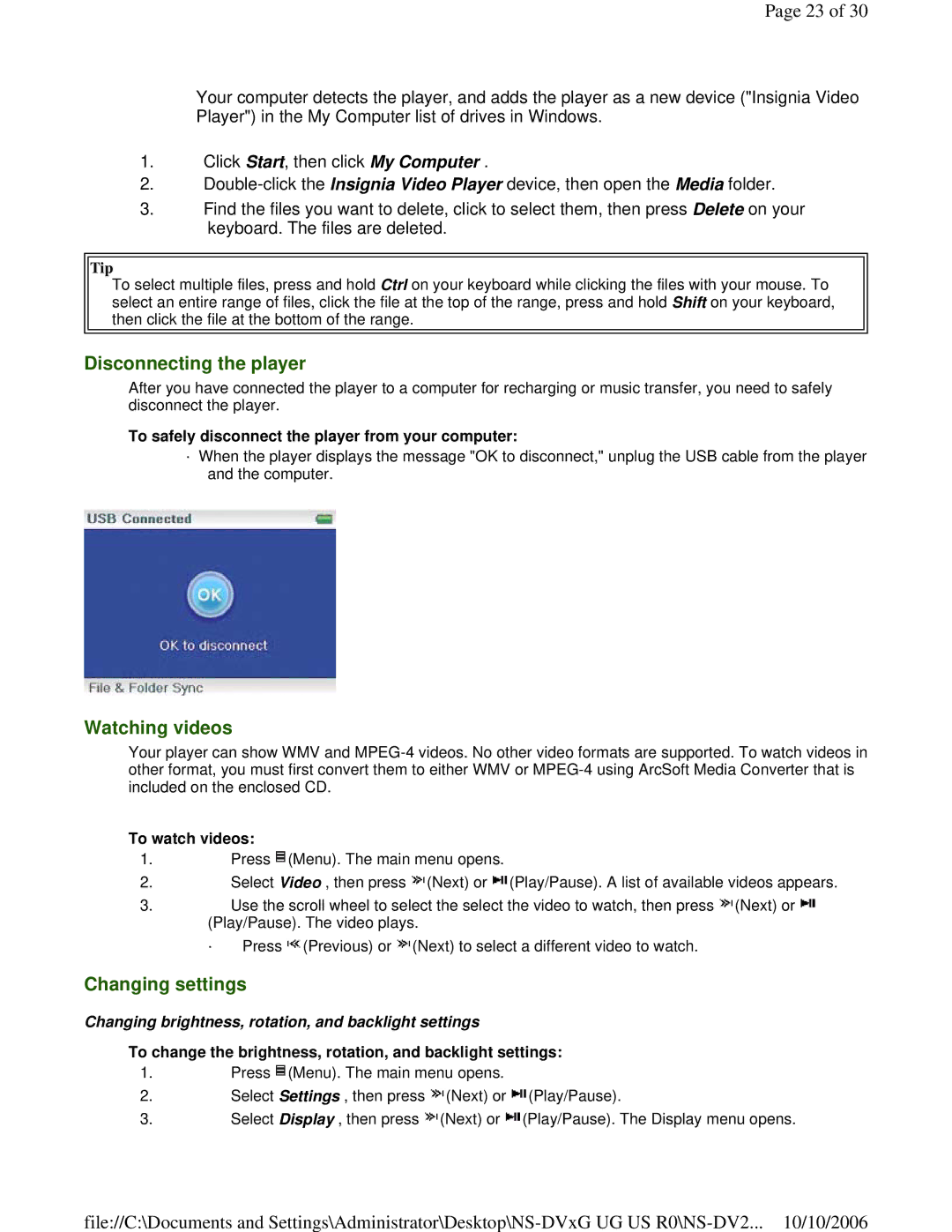 Insignia NS-DV2G manual Disconnecting the player, Watching videos, Changing settings 
