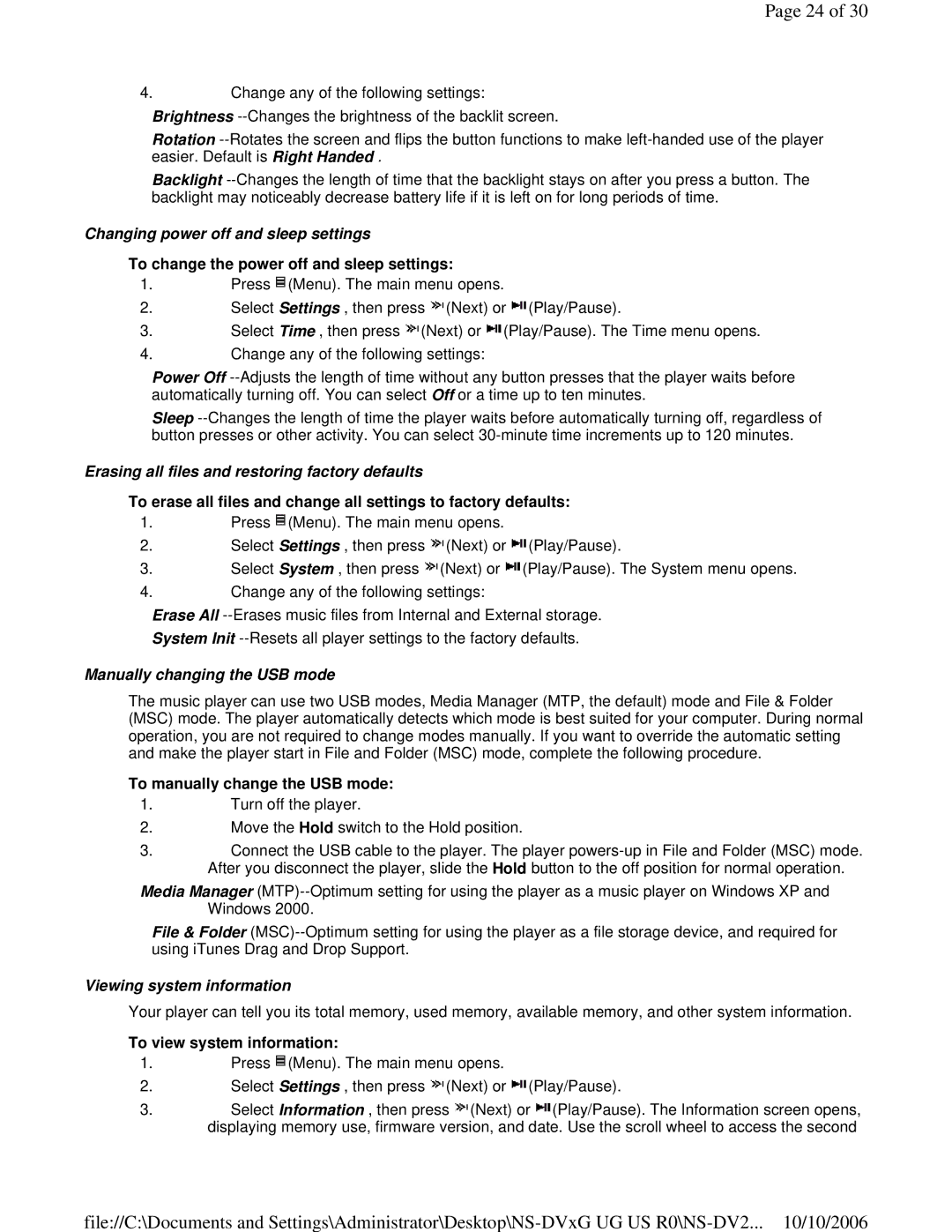 Insignia NS-DV2G manual Changing power off and sleep settings, Erasing all files and restoring factory defaults 