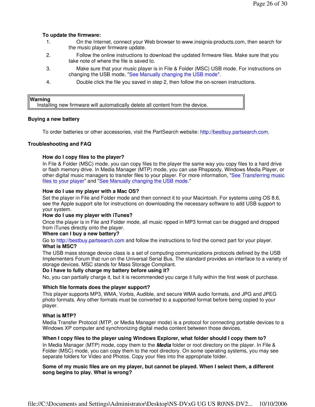 Insignia NS-DV2G To update the firmware, Buying a new battery, Troubleshooting and FAQ How do I copy files to the player? 