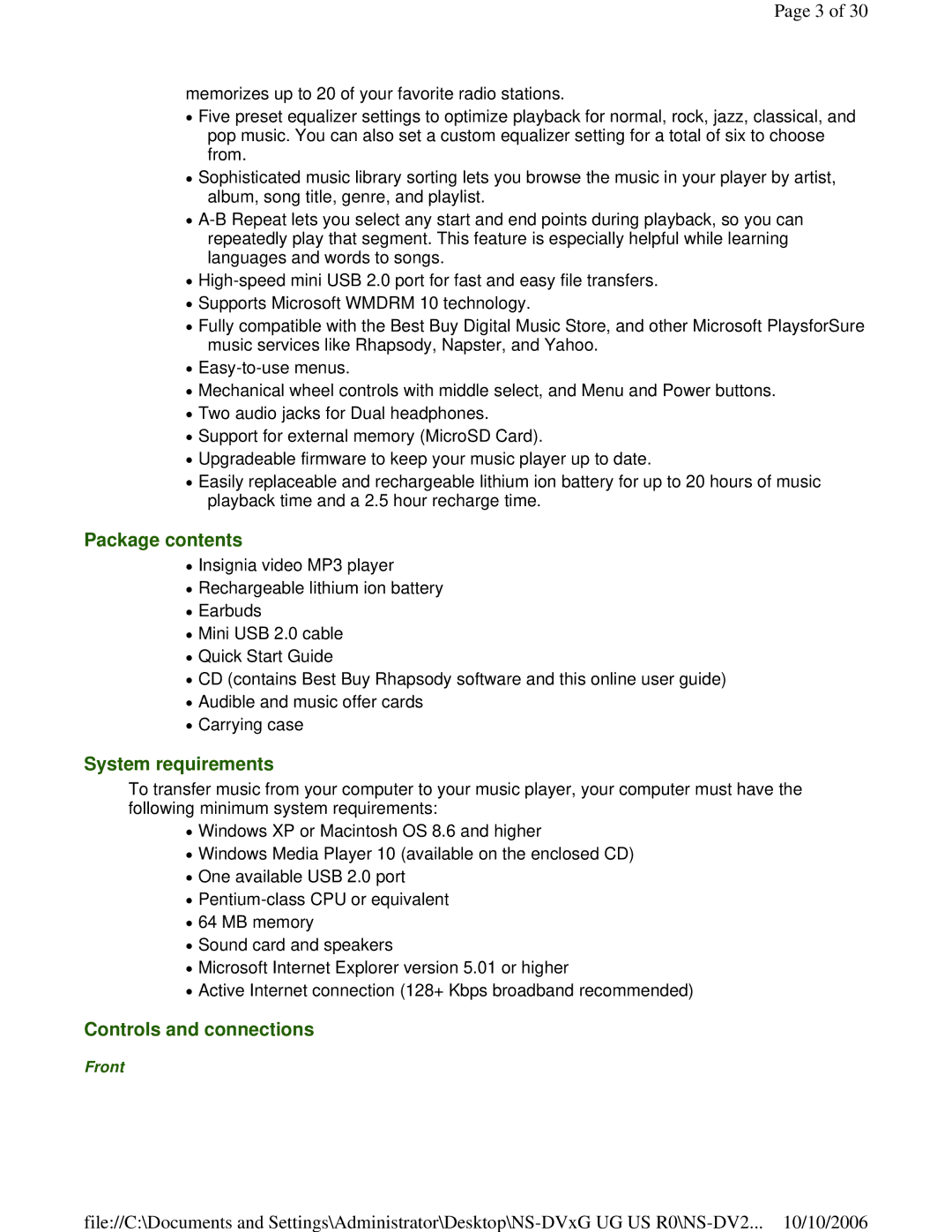 Insignia NS-DV2G manual Package contents, System requirements, Controls and connections 