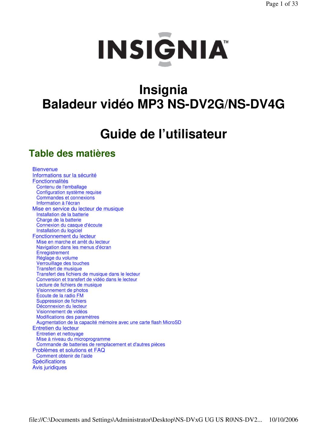 Insignia NS-DV2G manual Table des matières, Bienvenue Informations sur la sécurité Fonctionnalités 