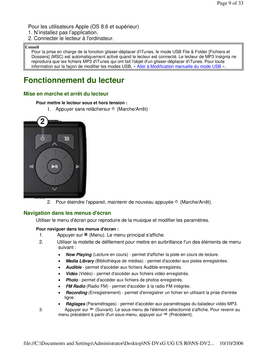 Insignia NS-DV2G manual Fonctionnement du lecteur, Mise en marche et arrêt du lecteur, Navigation dans les menus décran 