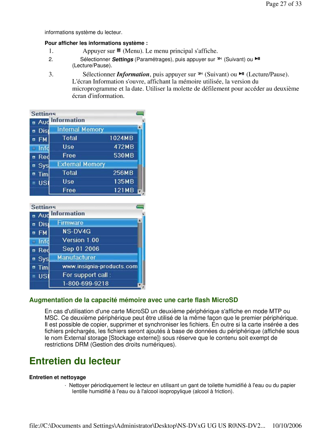 Insignia NS-DV2G manual Entretien du lecteur, Pour afficher les informations système, Entretien et nettoyage 