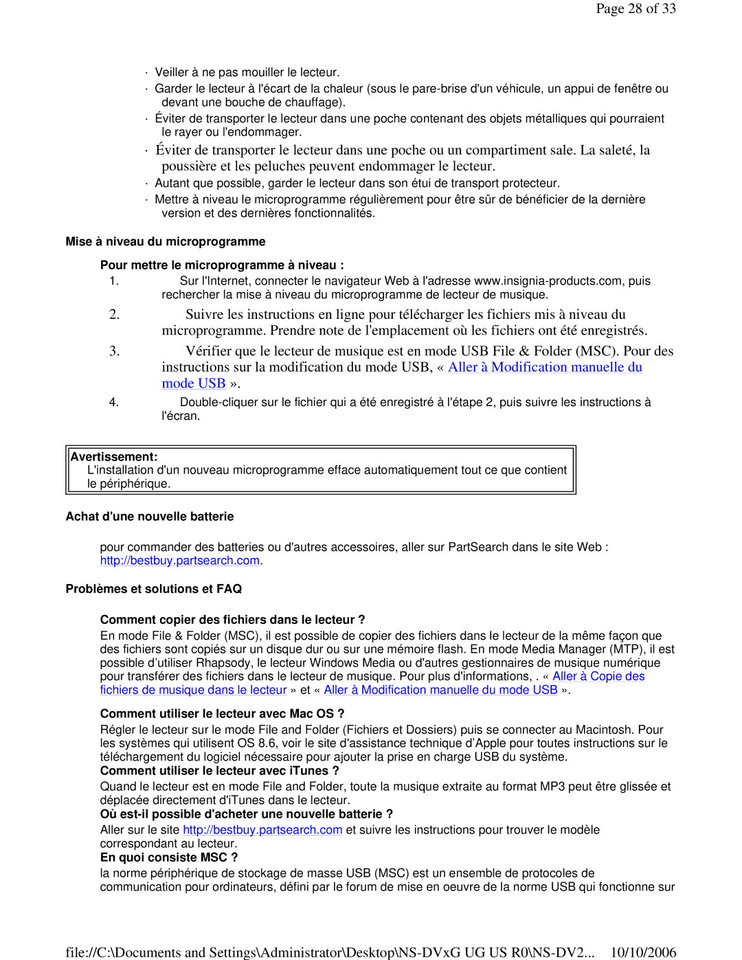 Insignia NS-DV2G manual Avertissement, Achat dune nouvelle batterie, Comment utiliser le lecteur avec Mac OS ? 