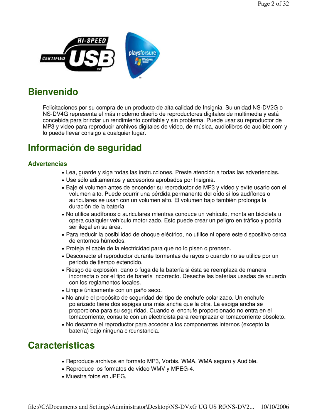 Insignia NS-DV2G manual Bienvenido Información de seguridad, Características, Advertencias 