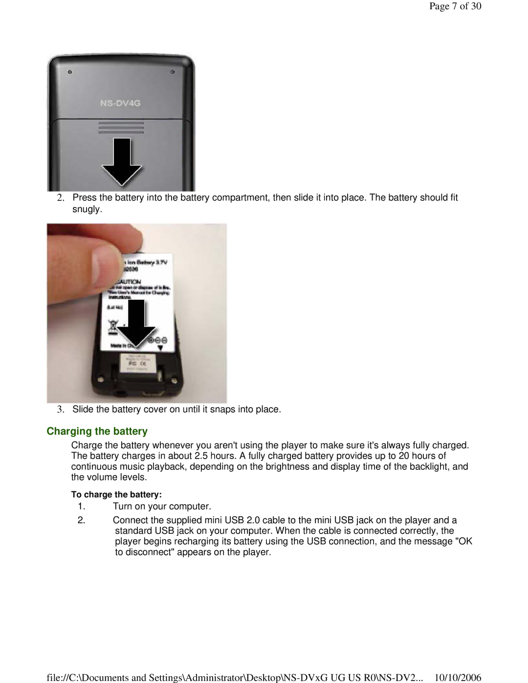 Insignia NS-DV2G manual Charging the battery, To charge the battery 