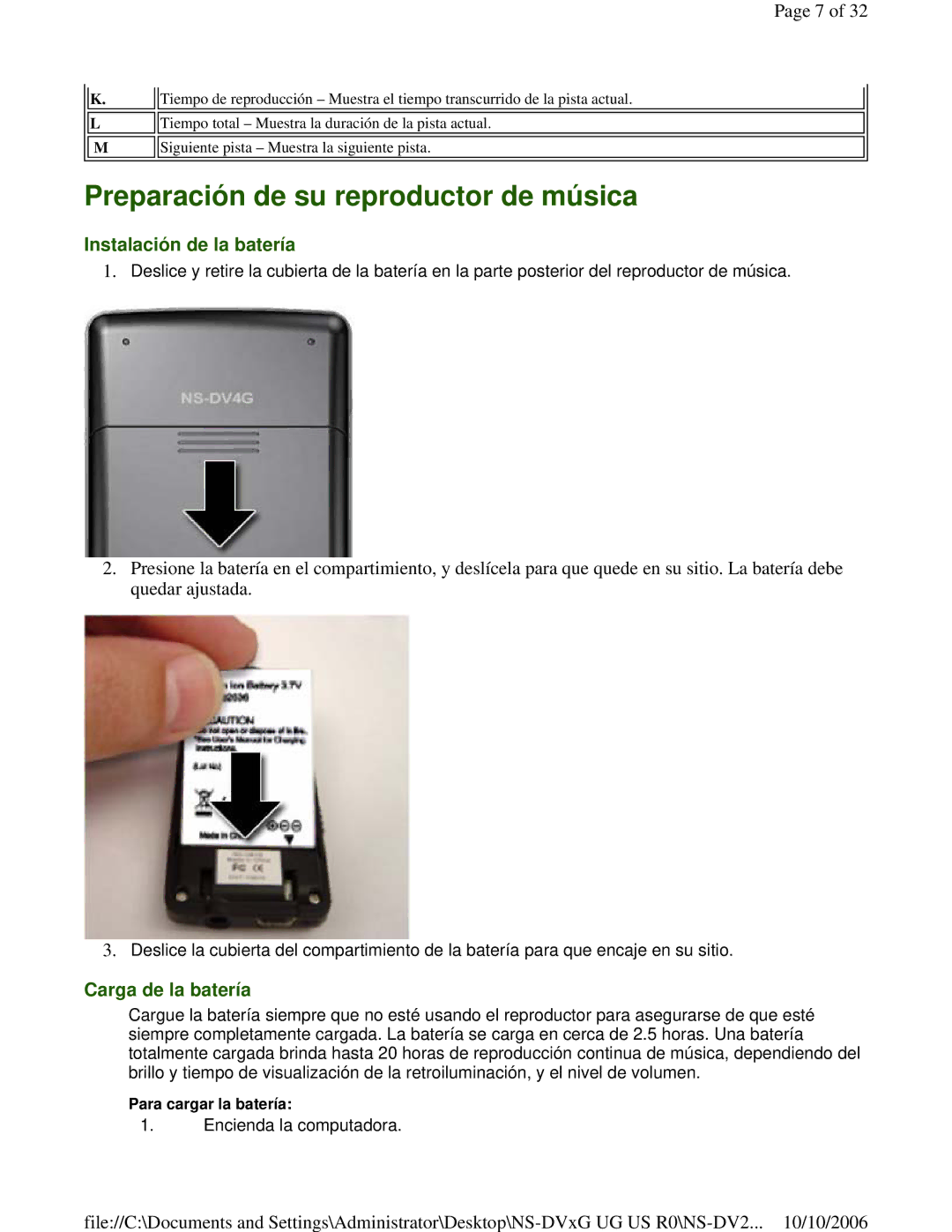 Insignia NS-DV2G manual Preparación de su reproductor de música, Instalación de la batería, Carga de la batería 