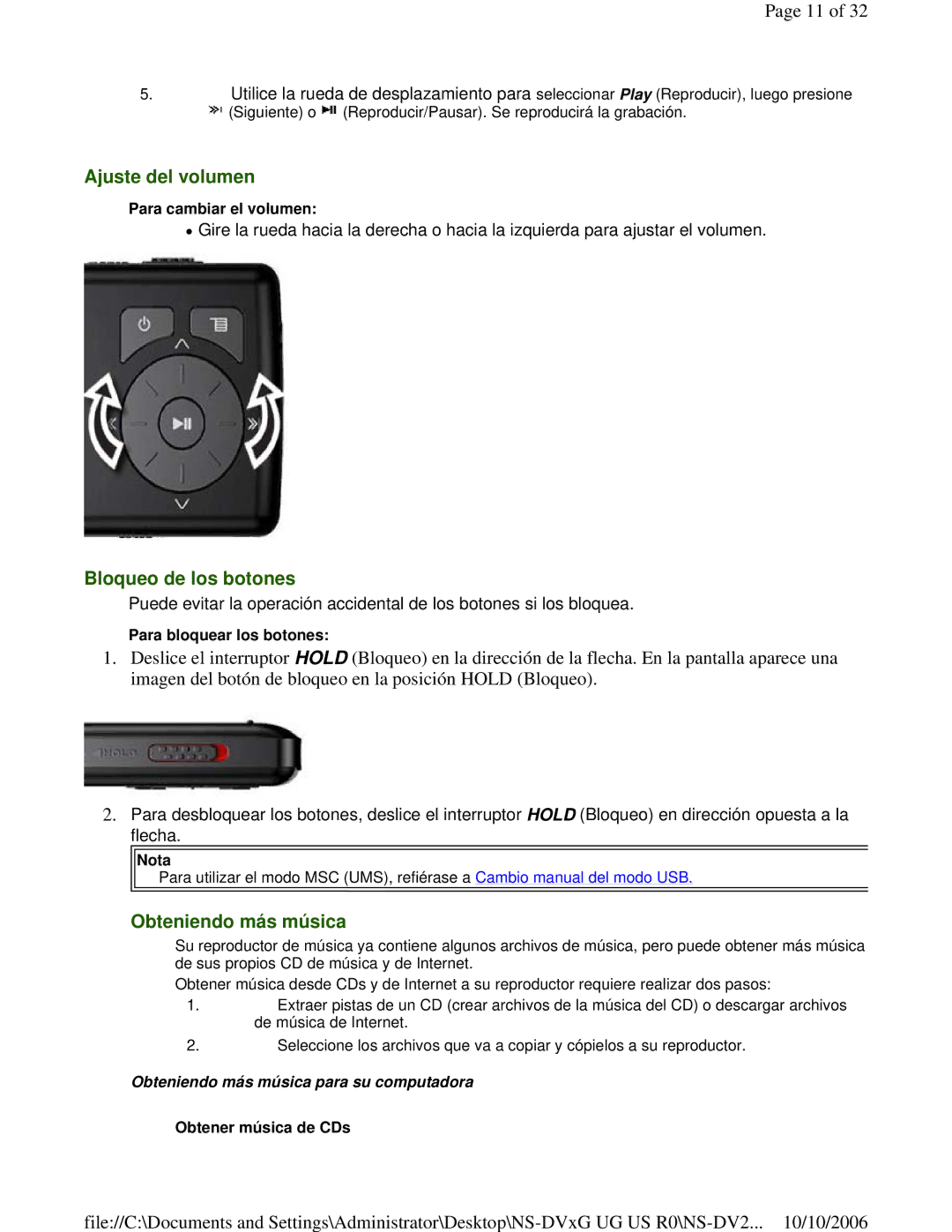 Insignia NS-DV2G manual Ajuste del volumen, Bloqueo de los botones, Obteniendo más música 