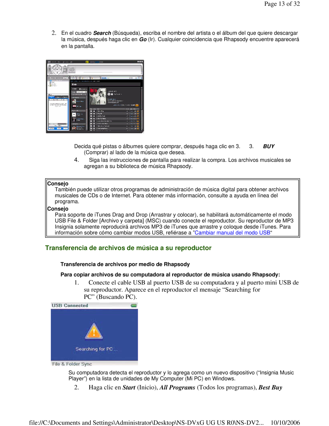 Insignia NS-DV2G manual Transferencia de archivos de música a su reproductor, Buy 