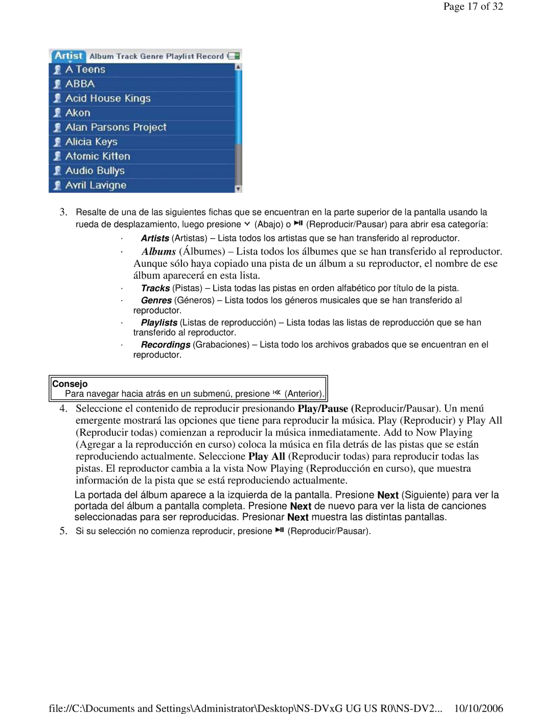 Insignia NS-DV2G manual Para navegar hacia atrás en un submenú, presione Anterior 