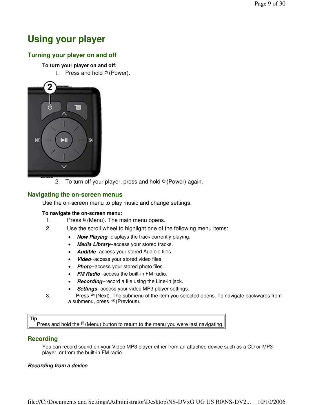 Insignia NS-DV2G manual Using your player, Turning your player on and off, Navigating the on-screen menus, Recording 