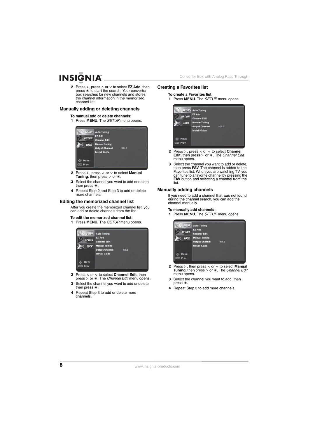 Insignia NS-DXA1-APT Manually adding or deleting channels, Editing the memorized channel list, Creating a Favorites list 