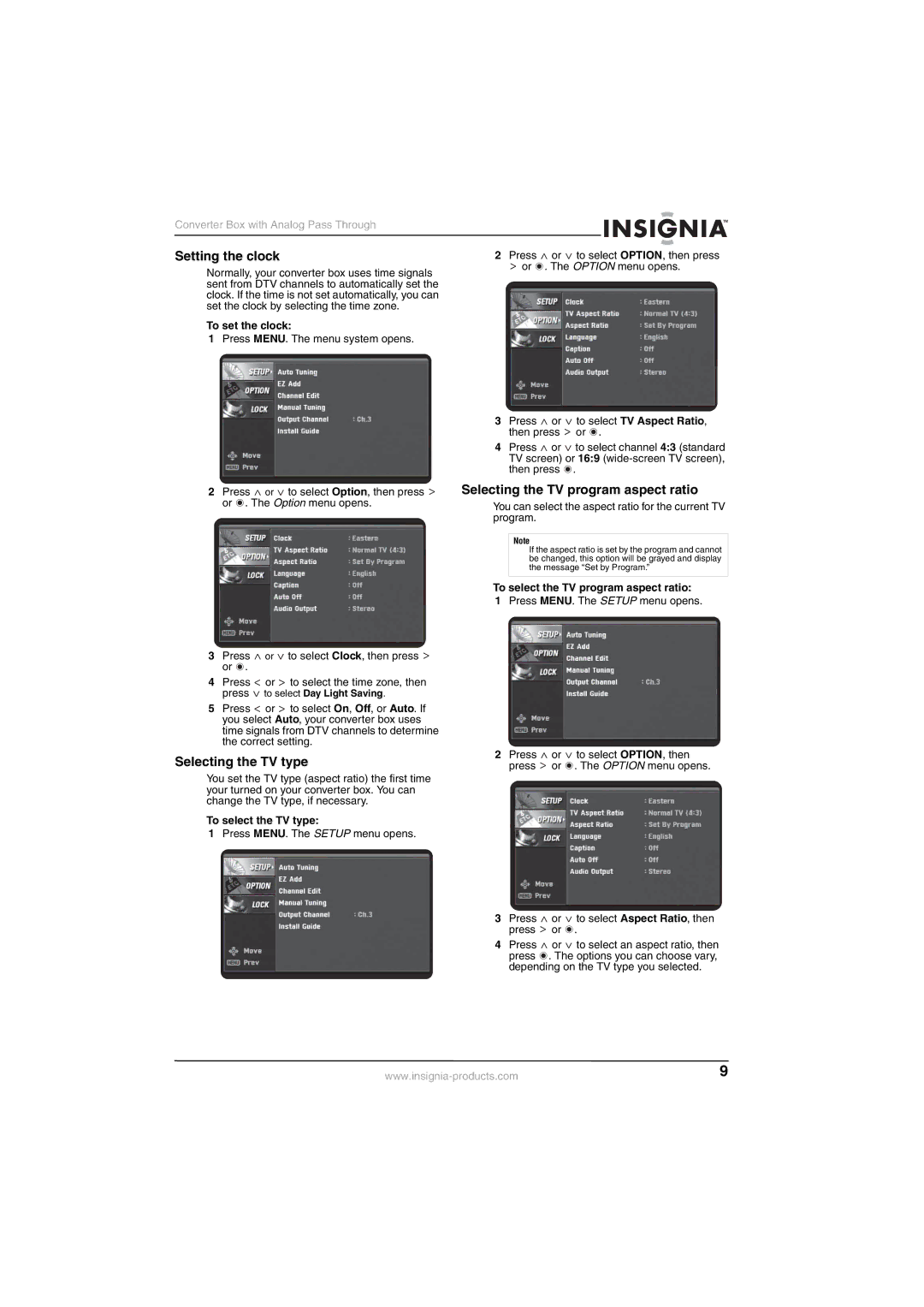 Insignia NS-DXA1-APT manual Setting the clock, Selecting the TV program aspect ratio, Selecting the TV type 