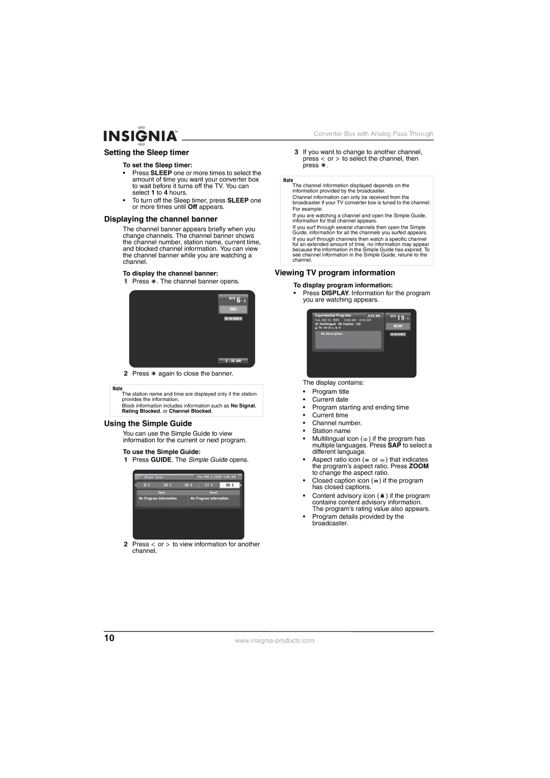 Insignia NS-DXA1-APT manual Setting the Sleep timer, Displaying the channel banner, Using the Simple Guide 