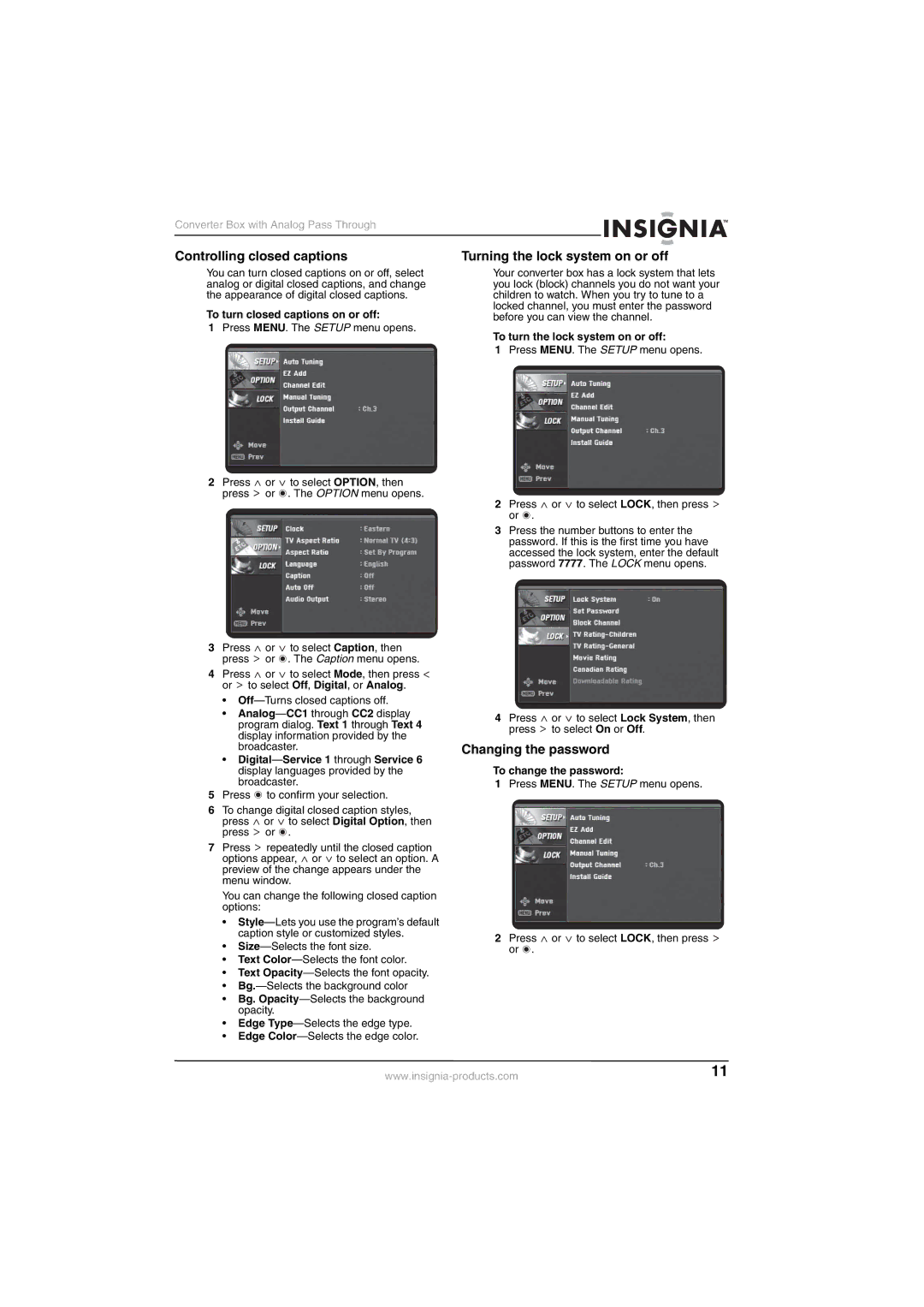 Insignia NS-DXA1-APT manual Changing the password, To turn closed captions on or off, To turn the lock system on or off 