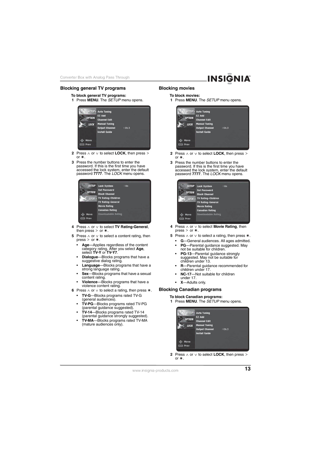 Insignia NS-DXA1-APT manual Blocking general TV programs, Blocking movies, Blocking Canadian programs 