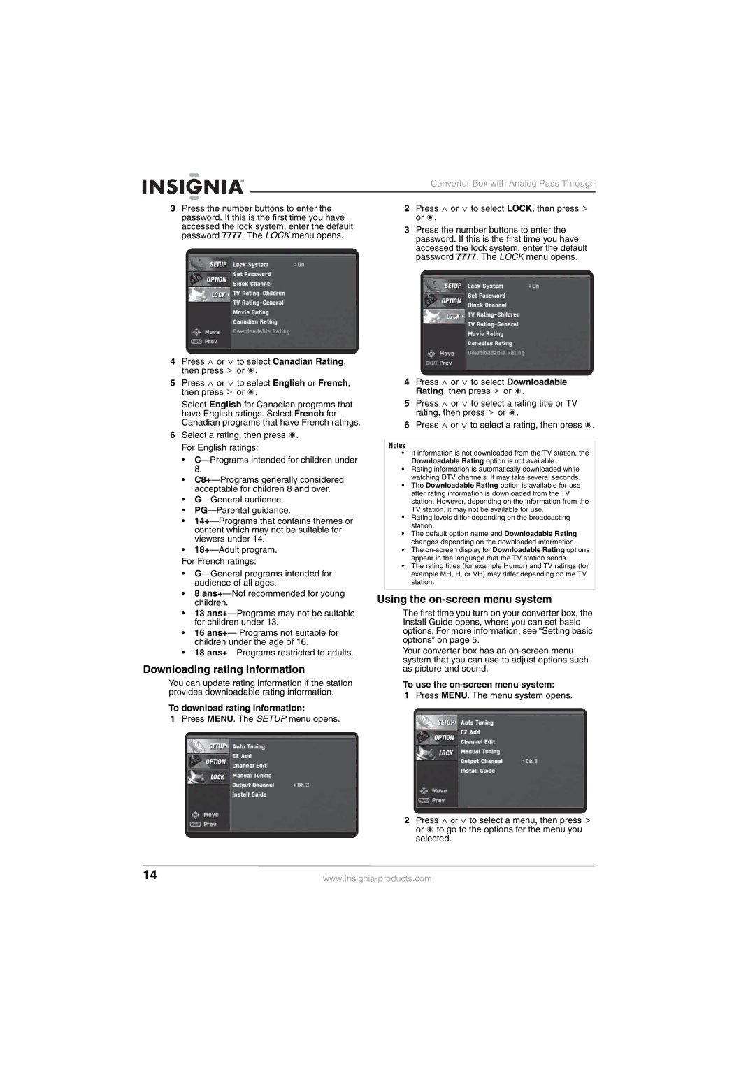 Insignia NS-DXA1-APT manual Downloading rating information, Using the on-screen menu system, To download rating information 