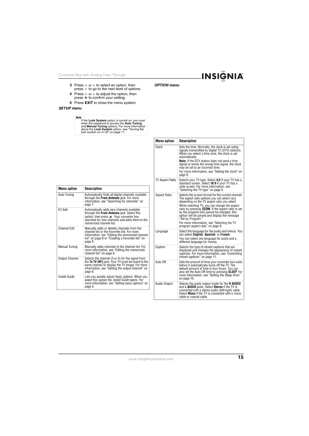 Insignia NS-DXA1-APT manual Option menu, Setup menu, Menu option Description 