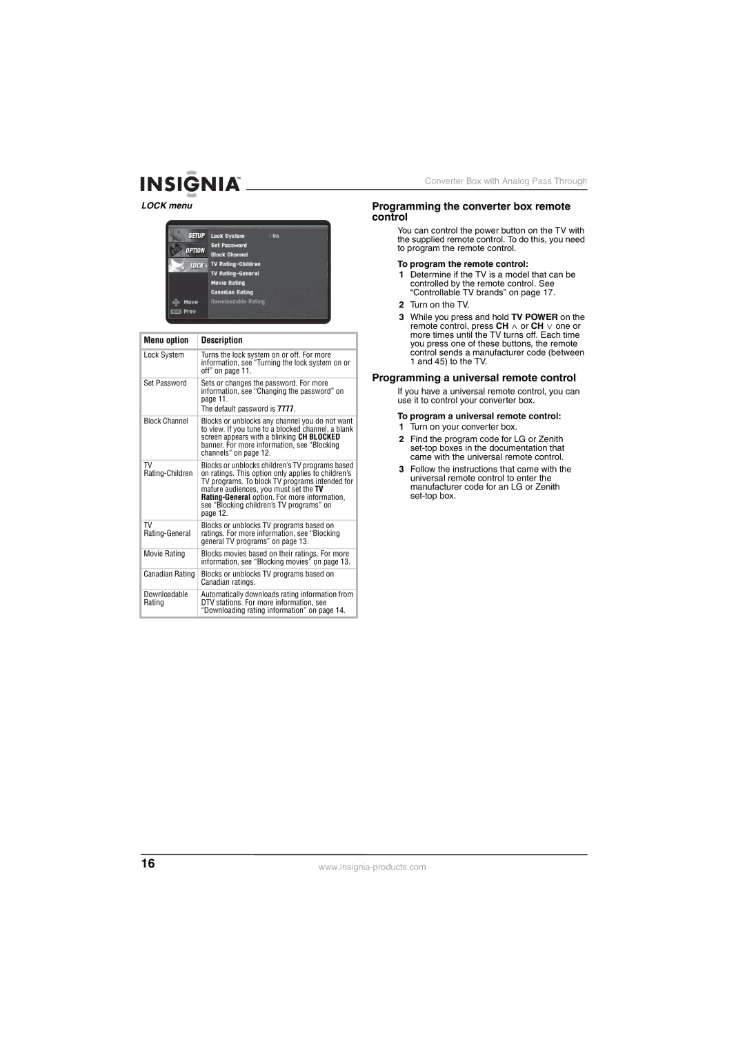 Insignia NS-DXA1-APT manual Programming the converter box remote control, Programming a universal remote control, Lock menu 