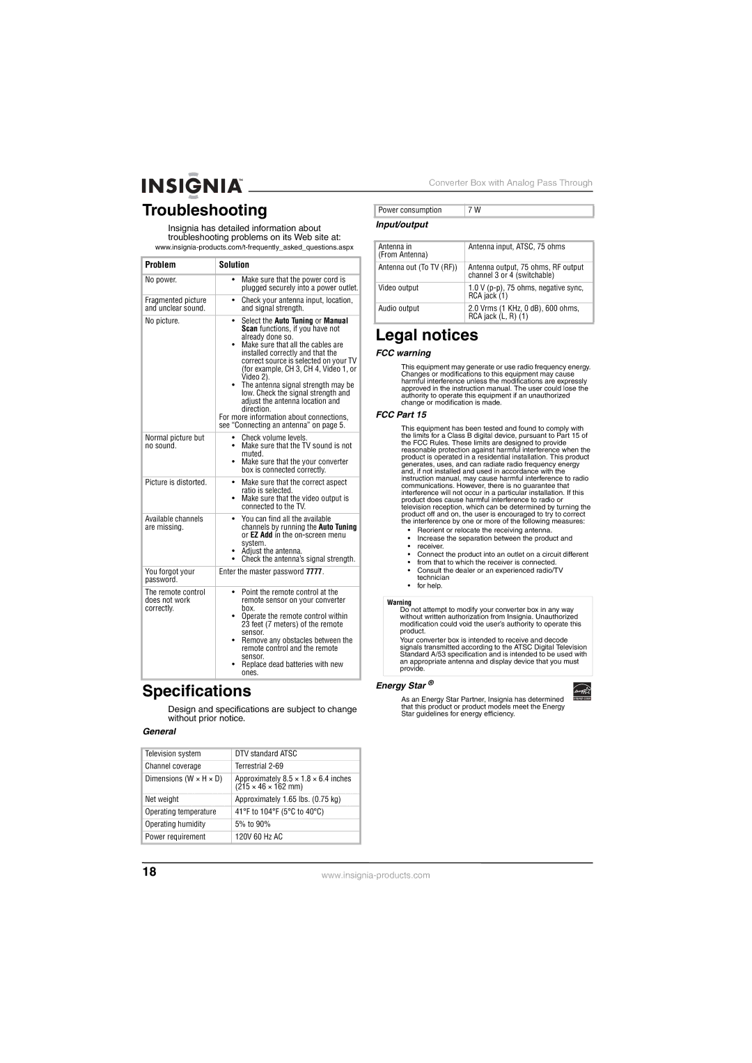 Insignia NS-DXA1-APT manual Troubleshooting, Specifications, Legal notices 