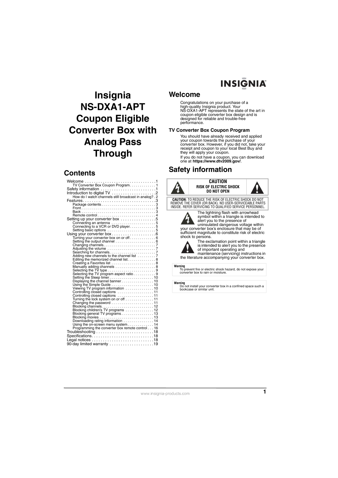 Insignia NS-DXA1-APT manual Contents, Welcome, Safety information 