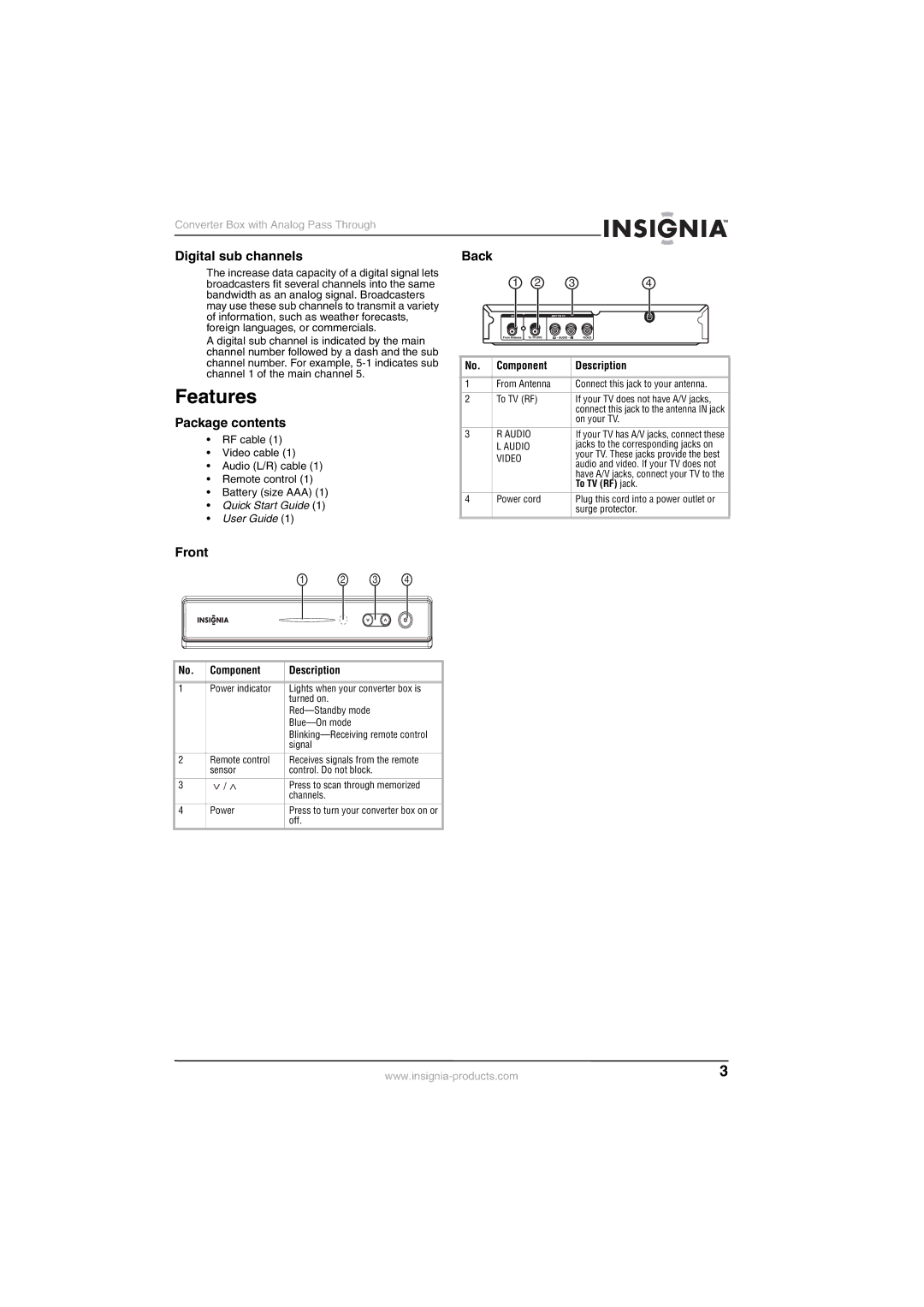 Insignia NS-DXA1-APT manual Features, Digital sub channels, Package contents, Front Back 