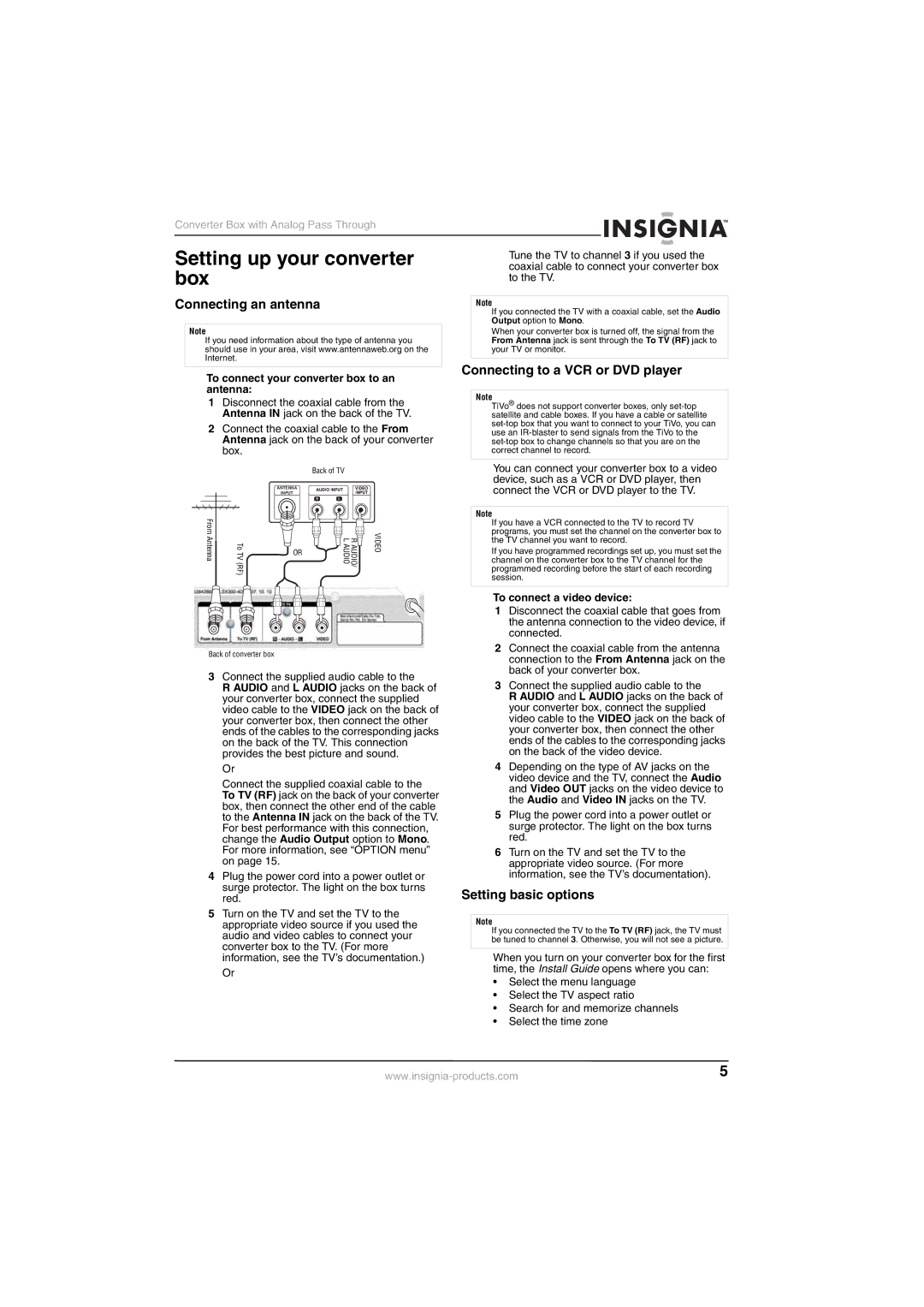 Insignia NS-DXA1-APT manual Setting up your converter box, Connecting an antenna, Connecting to a VCR or DVD player 