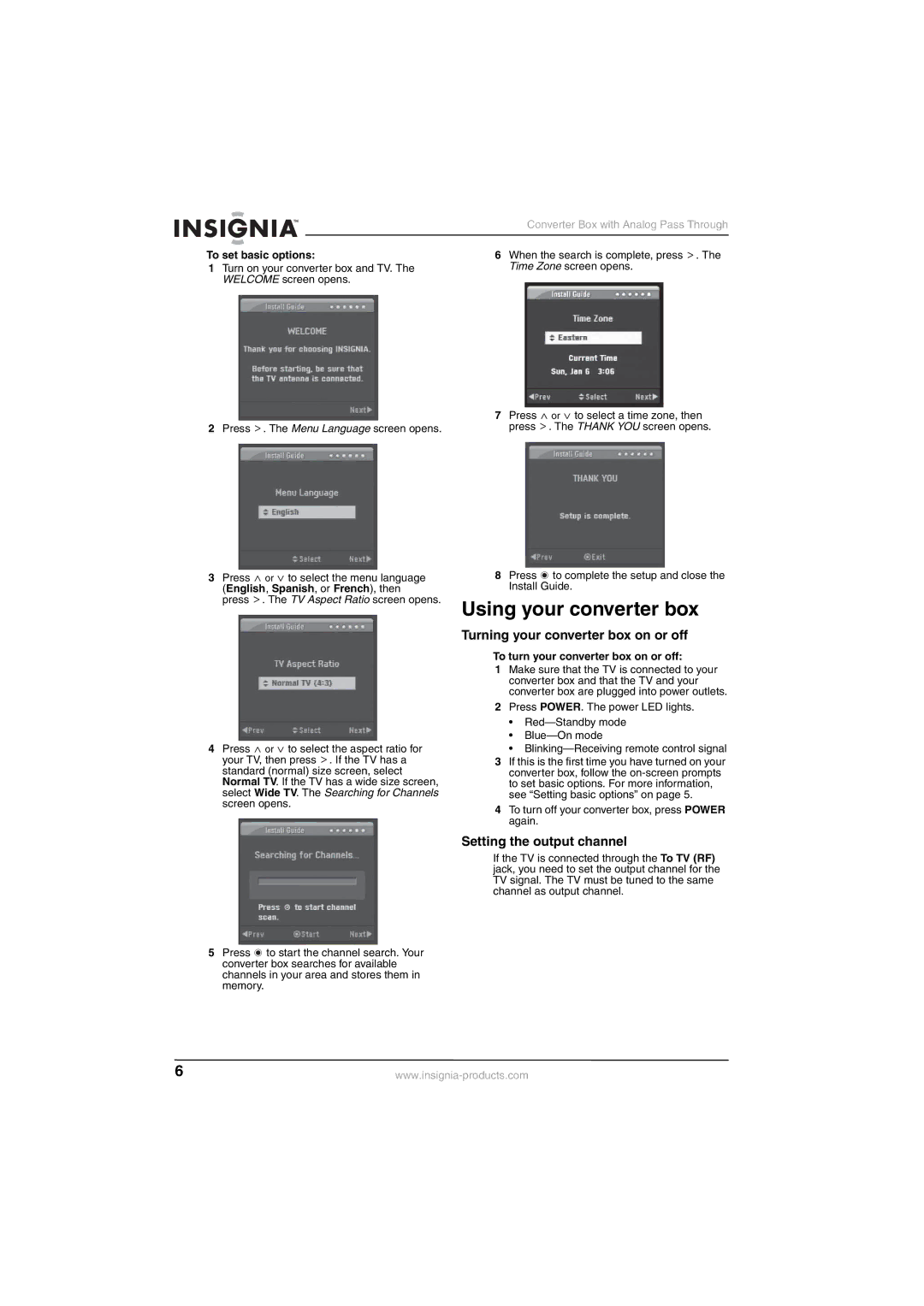 Insignia NS-DXA1-APT manual Using your converter box, Turning your converter box on or off, Setting the output channel 