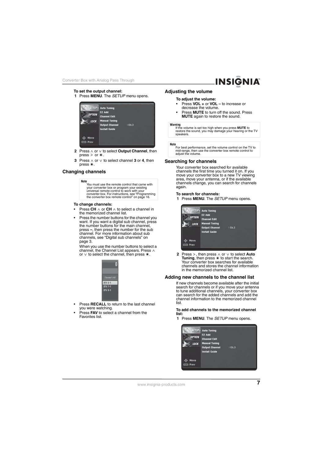 Insignia NS-DXA1-APT manual Adjusting the volume, Changing channels, Searching for channels 