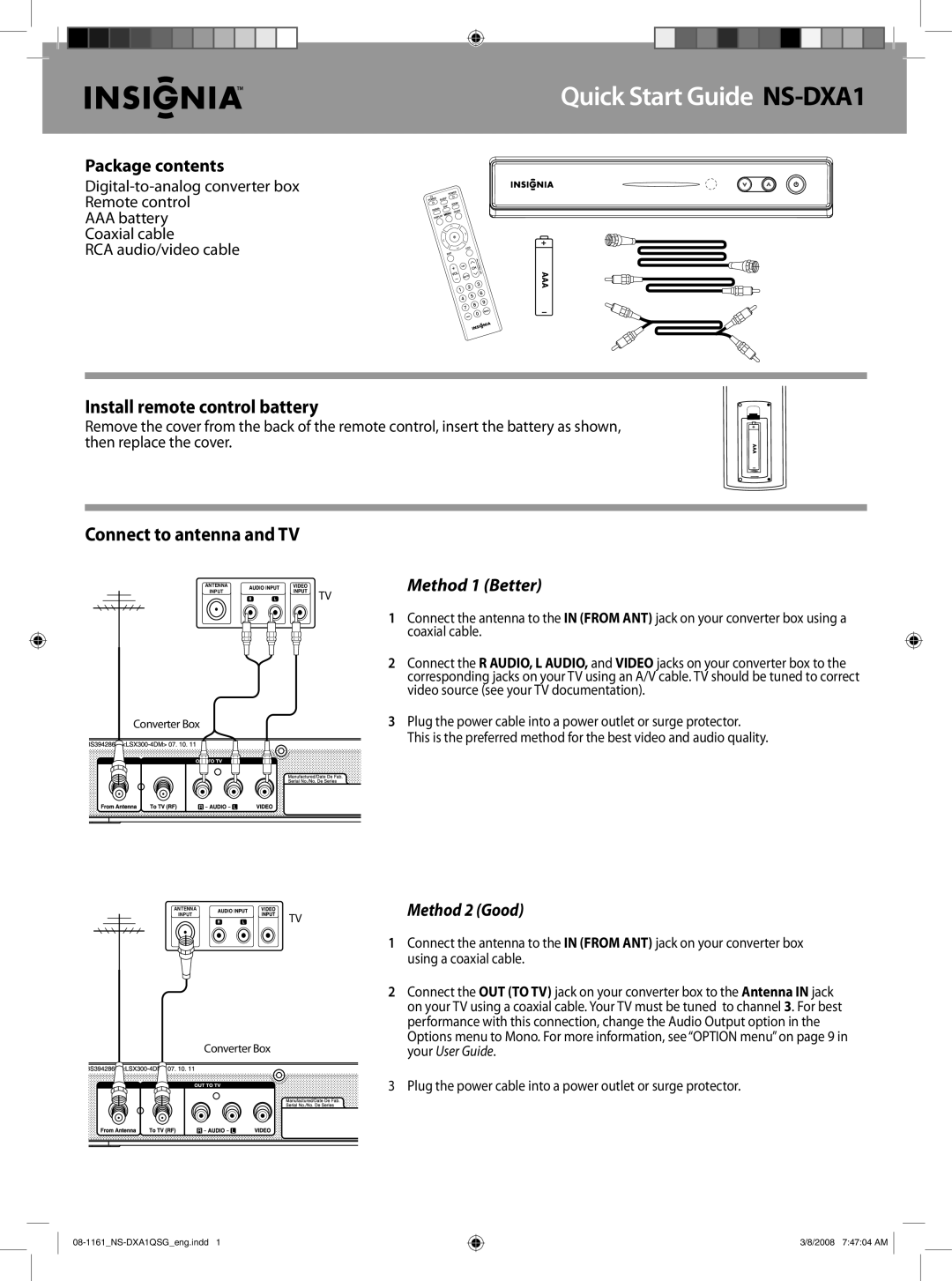 Insignia quick start Quick Start Guide NS-DXA1, Install remote control battery, Connect to antenna and TV 