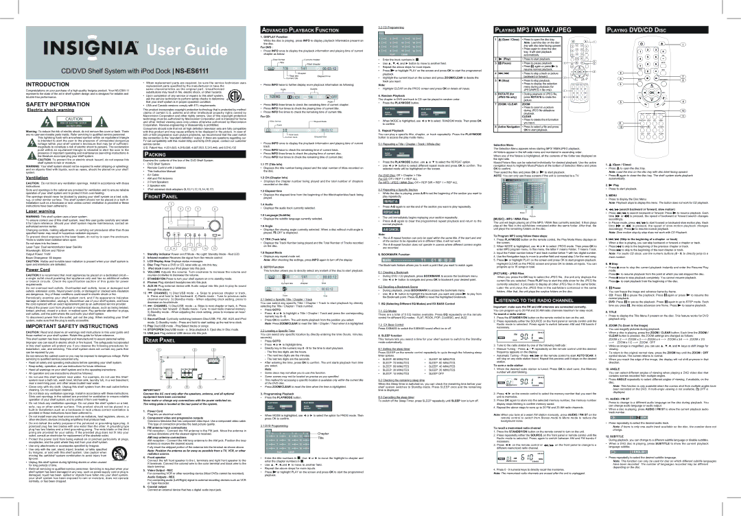 Insignia NS-ES6111 important safety instructions Advanced Playbackffunction, Playing DVD/CD Disc, Packing, Frontpanel 