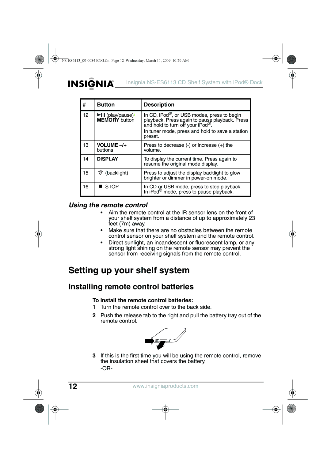 Insignia NS-ES6113 manual Setting up your shelf system, Installing remote control batteries, Using the remote control 