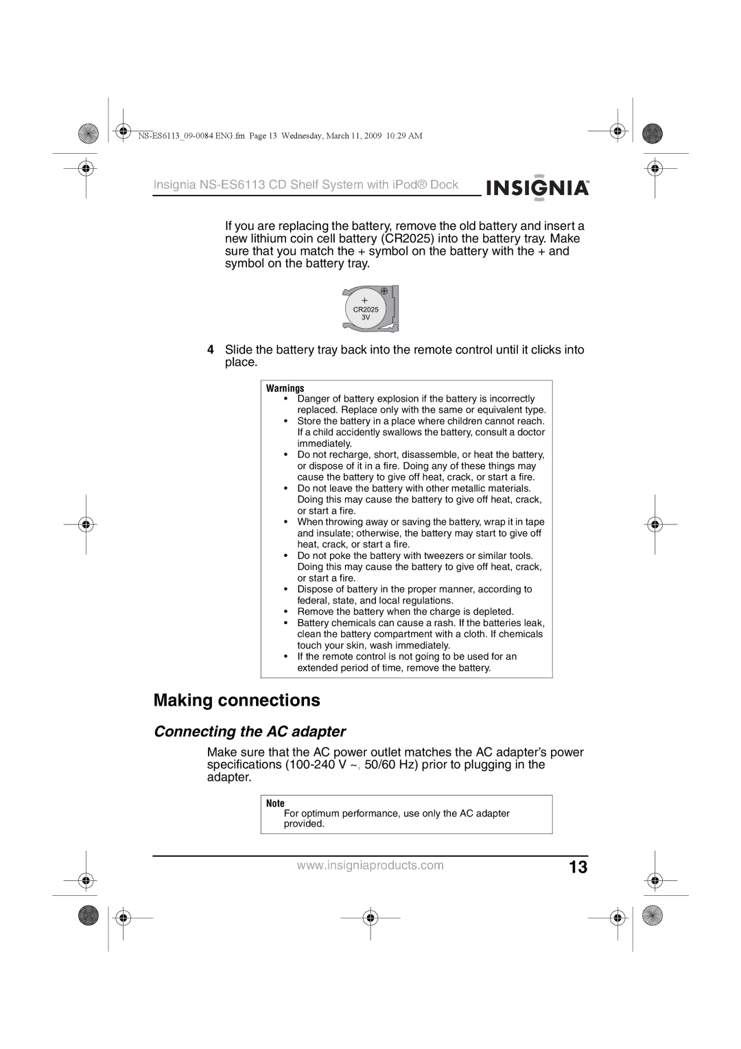 Insignia NS-ES6113 manual Making connections, Connecting the AC adapter 