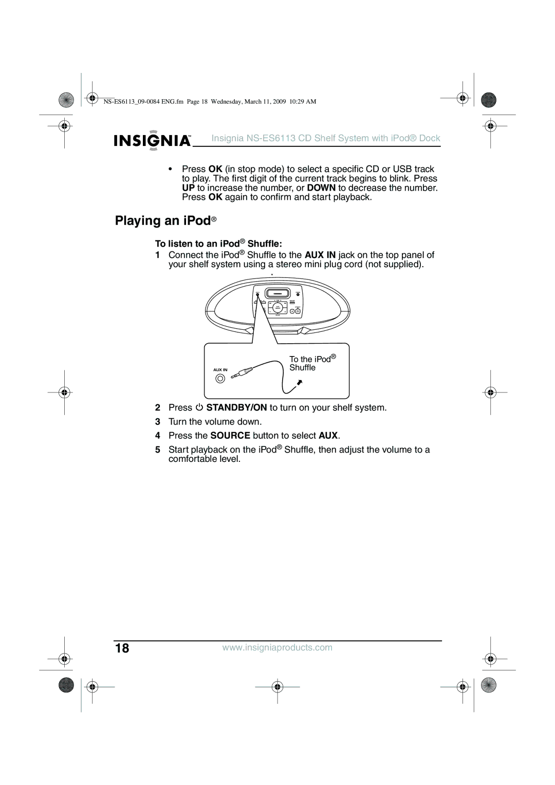 Insignia NS-ES6113 manual Playing an iPod, To listen to an iPod Shuffle 