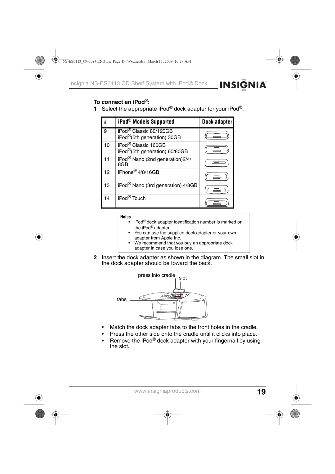 Insignia NS-ES6113 manual To connect an iPod, IPod Models Supported 