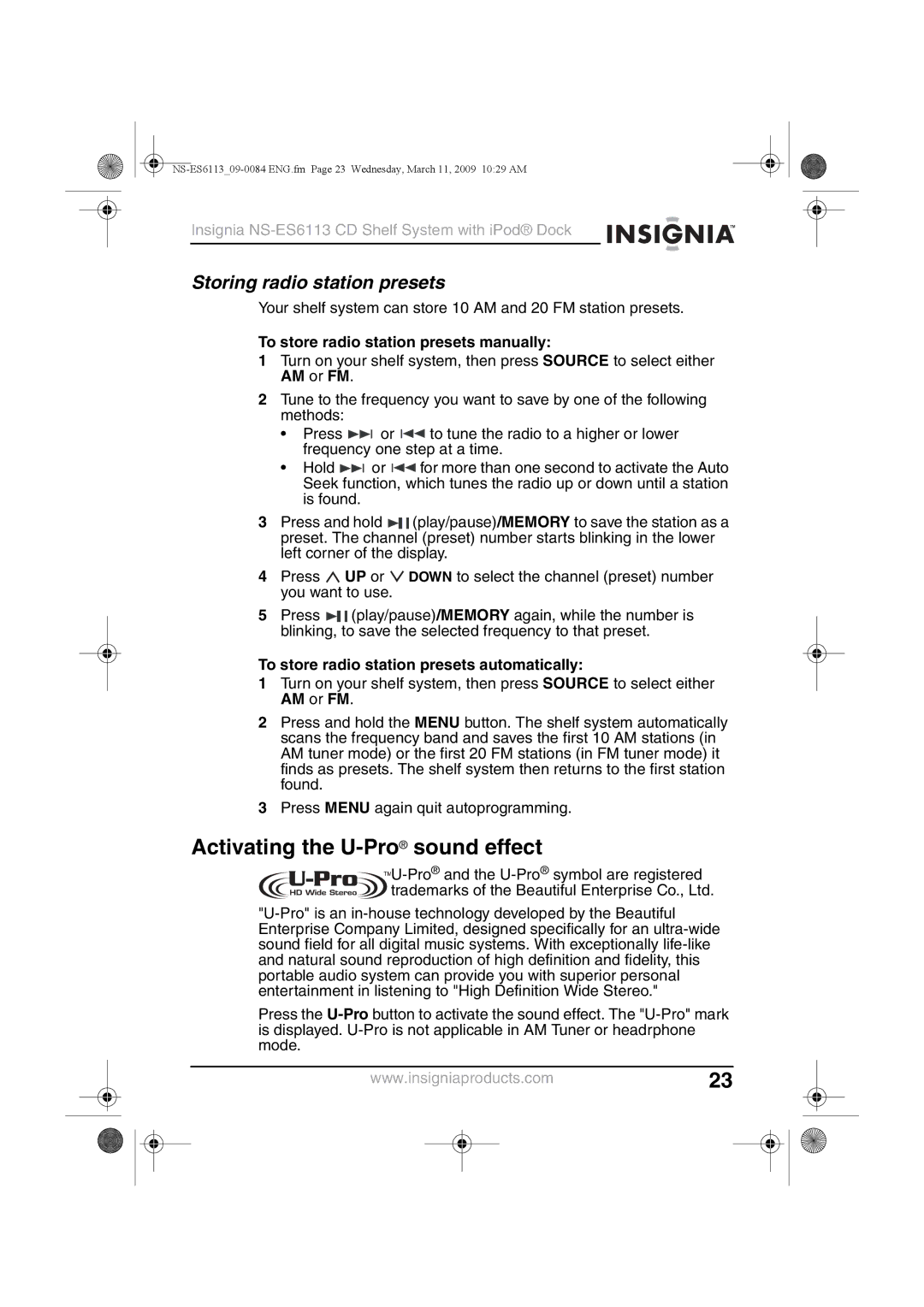 Insignia NS-ES6113 manual Activating the U-Prosound effect, Storing radio station presets 