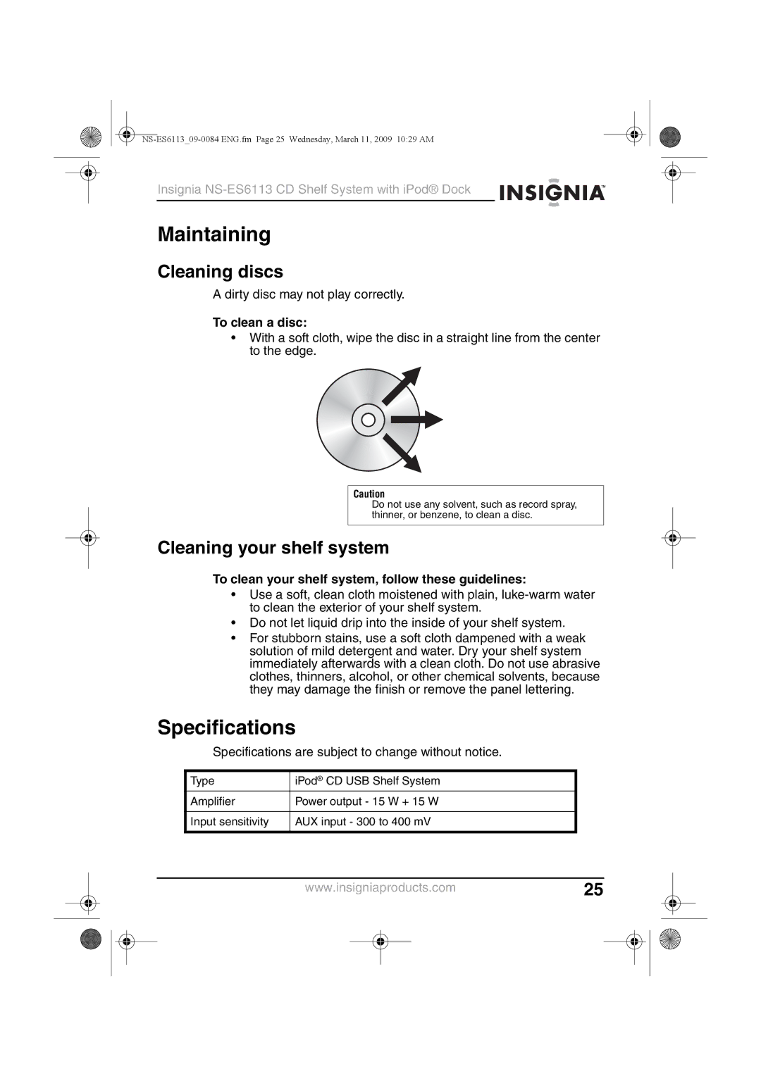 Insignia NS-ES6113 manual Maintaining, Specifications, Cleaning discs, Cleaning your shelf system 